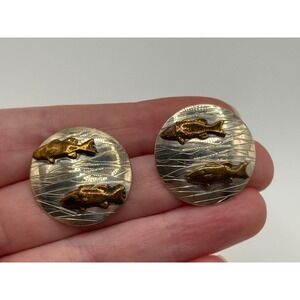 Vintage Courtney Peterson Sterling Silver Brass Fish Earrings Signed